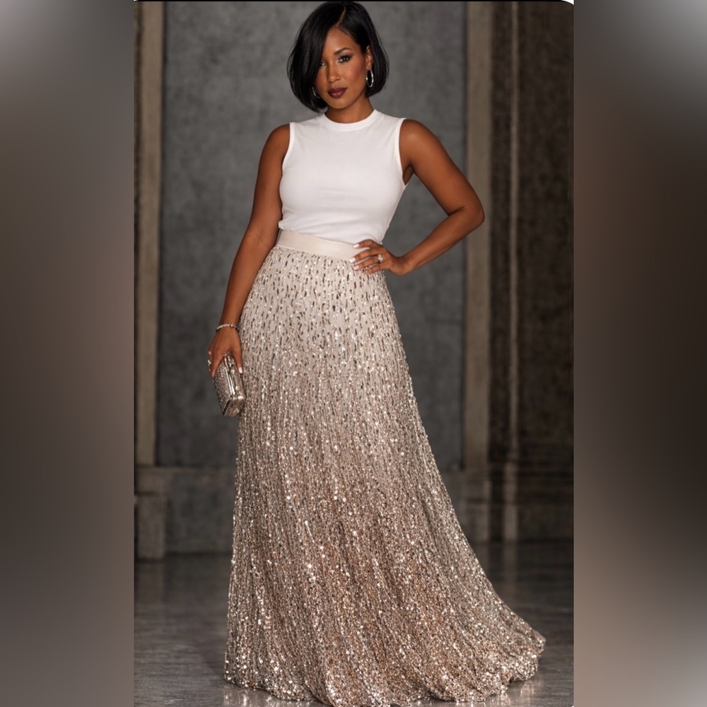 Alice + Olivia Sequin Maxi Skirt NWT Size 12 Champagne Gold Formal Gala